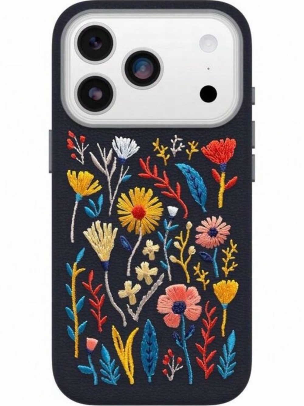 Floral Printed Embroidered Black Phone Case - Stylish Protection
